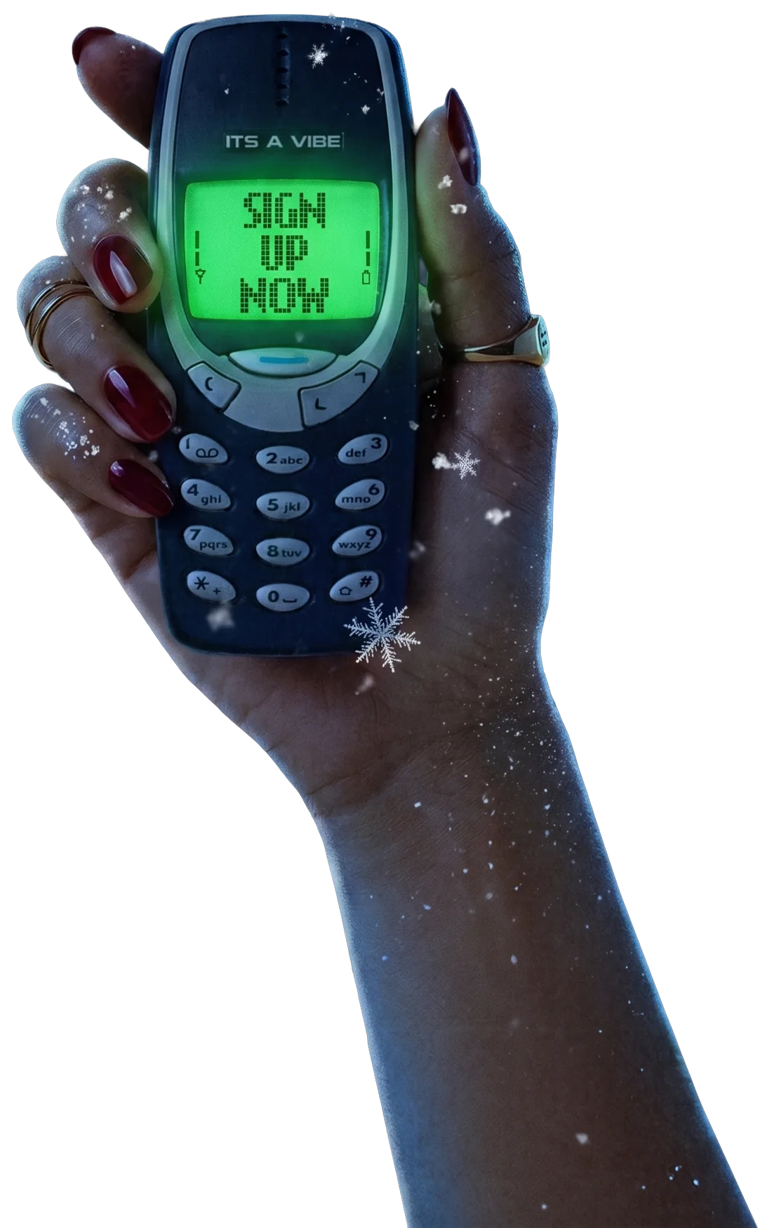 Raised hand holding a Nokia 3310 glowing in the dark, its screen says SIGN UP NOW